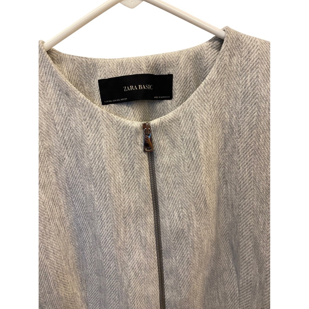 ZARA BASIC Herringbone Gray Tweed Collarless Zip … - image 2